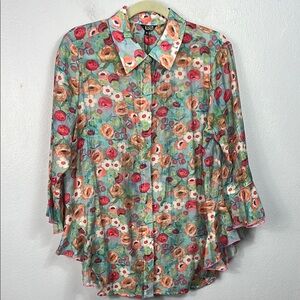 Lior Paris New with Tag Semi Sheer Floral Print Ruffle Sleeve Blouse Medium